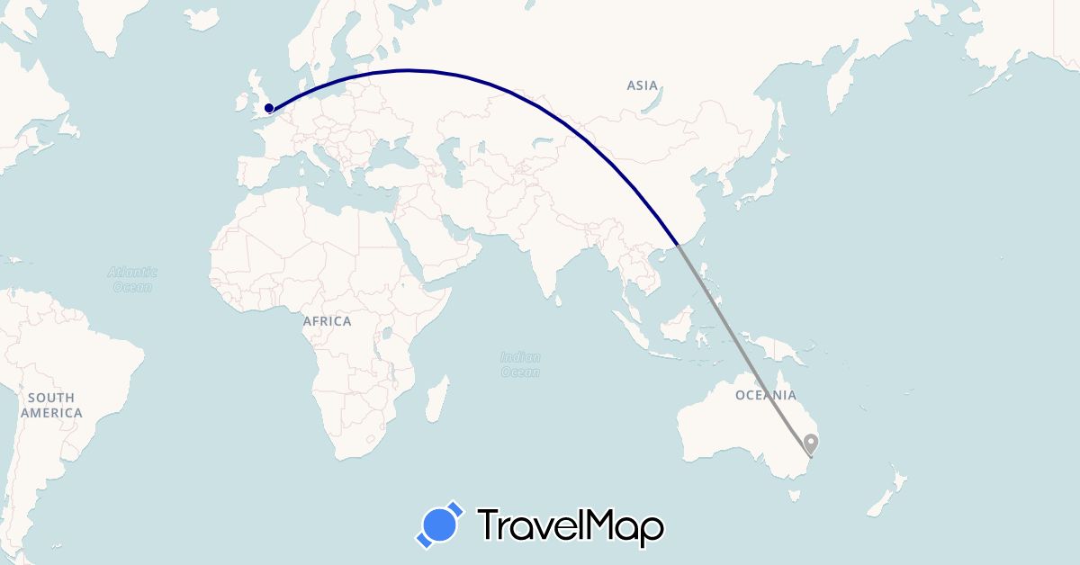 TravelMap itinerary: driving, plane in Australia, United Kingdom, Hong Kong (Asia, Europe, Oceania)
